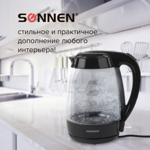 Чайник SONNEN KT-200BK, 1,7 л, 2200 Вт, закрытый нагревательный элемент, стекло, подсветка, черный, 451709