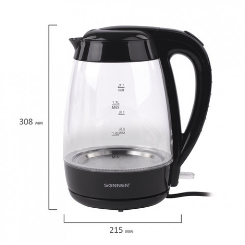 Чайник SONNEN KT-200BK, 1,7 л, 2200 Вт, закрытый нагревательный элемент, стекло, подсветка, черный, 451709