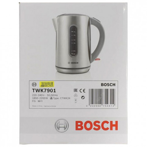 Чайник BOSCH TWK7901, 1,7 л, 2200 Вт, закрытый нагревательный элемент, нержавеющая сталь, серебристый