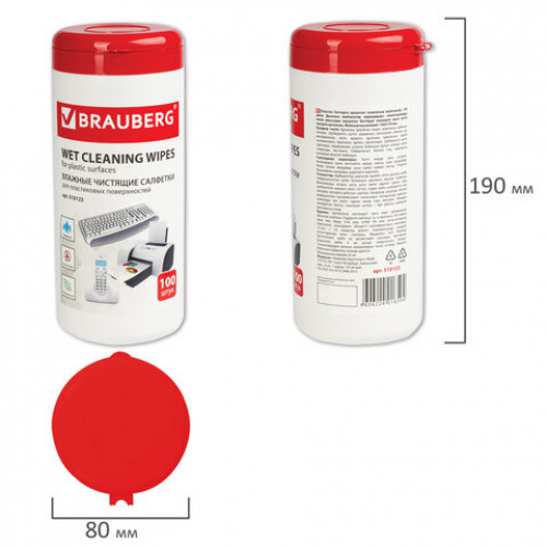 Салфетки для пластиковых поверхностей BRAUBERG, 13х17 см, туба 100 шт., влажные, 510123