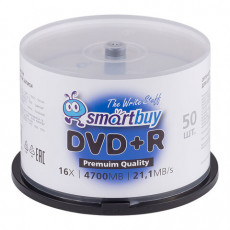Диск DVD+R (плюс) SMARTBUY, 4,7 Гб, 16x, Cake Box (упаковка на шпиле), КОМПЛЕКТ 50 шт., SBDVPR50