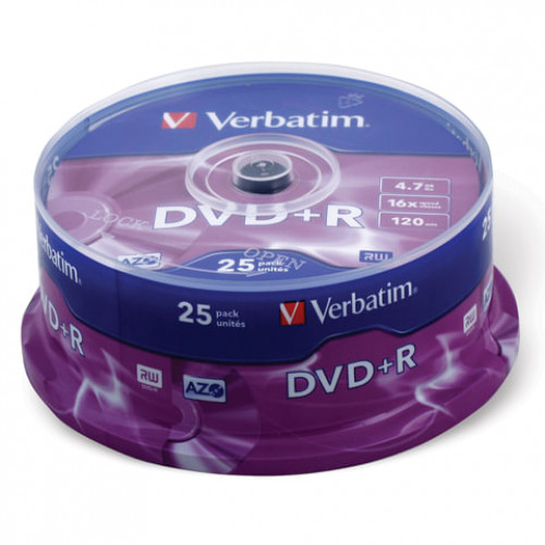 Диски DVD+R (плюс) VERBATIM 4,7 Gb 16x, КОМПЛЕКТ 25 шт., Cake Box, 43500