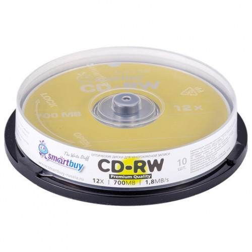 Диски CD-RW SMARTBUY, 700 Мб, 4-12x, Cake Box (упаковка на шпиле), КОМПЛЕКТ 10 шт., SBCD-RW10