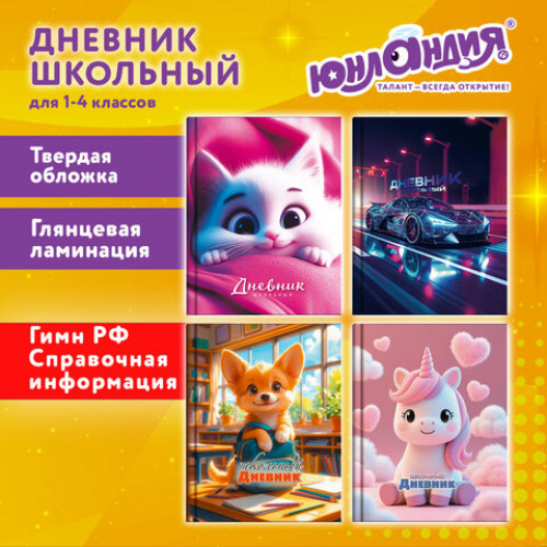 Дневник 1-4 класс 48 л., твердый, ЮНЛАНДИЯ, глянцевая ламинация, с подсказом, МИКС, 107580