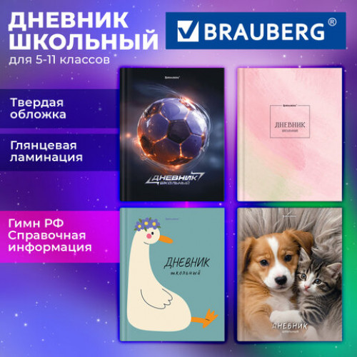 Дневник 5-11 класс 48 л., твердый, BRAUBERG, глянцевая ламинация, с подсказом, МИКС, 107612