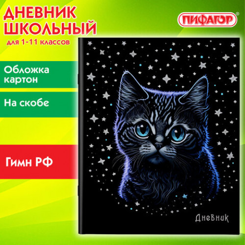 Дневник 1-11 класс 40 л., на скобе, ПИФАГОР, обложка картон, Котик, 106811