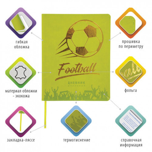 Дневник 1-11 класс 48л, обложка кожзам (гибкая), термотиснение, фольга, BRAUBERG, ФУТБОЛ, 105968
