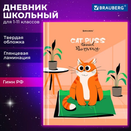 Дневник 1-11 класс 40 л., твердый, BRAUBERG, глянцевая ламинация, Cute cat, 106852