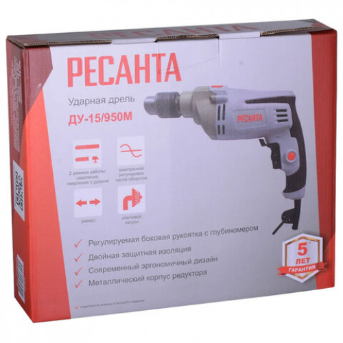 Дрель сетевая ударная, 950 Вт, 3000 об/мин, РЕСАНТА ДУ-15/950М, 75/8/4