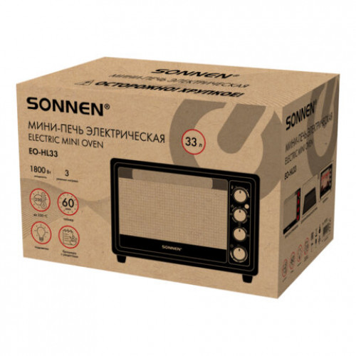 Мини-печь электрическая SONNEN EO-HL33, 1800 Вт, 33 л, 3 режима нагрева, таймер, механическое управление, черная, 458305