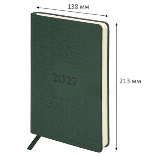Ежедневник датированный 2027, А5, 138х213 мм, BRAUBERG Aura, под кожу, гибкий, зеленый, 117932