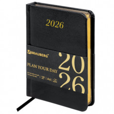 Ежедневник датированный 2026, МАЛЫЙ ФОРМАТ 100х150 мм, А6, BRAUBERG Iguana, под кожу, черный, 117252