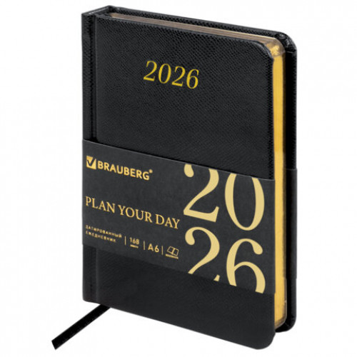 Ежедневник датированный 2026, МАЛЫЙ ФОРМАТ 100х150 мм, А6, BRAUBERG Iguana, под кожу, черный, 117252