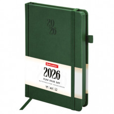 Ежедневник датированный 2026, А5, 138х213 мм, BRAUBERG Plain, под кожу, резинка, держатель для ручки, темно-зеленый, 117507