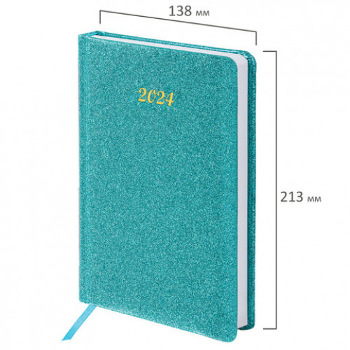 Ежедневник датированный 2024 А5 138x213 мм, BRAUBERG Sparkle, под кожу, блестки, бирюзовый, 114931