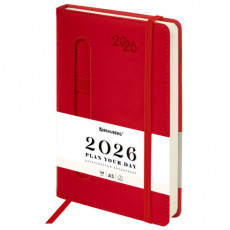 Ежедневник датированный 2026, А5, 138x213 мм, BRAUBERG Optimal, под кожу, резинка, держатель для ручки, красный, 117466