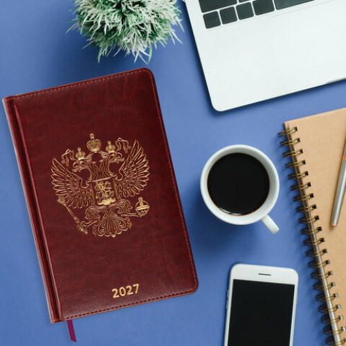 Ежедневник датированный 2027, А5, 138х213 мм, BRAUBERG State, под кожу, коричневый, 118041