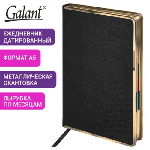 Ежедневник датированный 2026 А5 148х218 мм, GALANT Infinity Gold, под кожу, черный, 117500