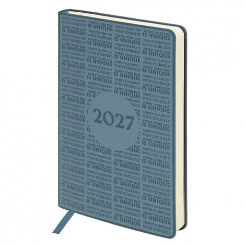 Ежедневник датированный 2027, А5, 138х213 мм, BRAUBERG Aura, под кожу, гибкий, серо-голубой, 117931