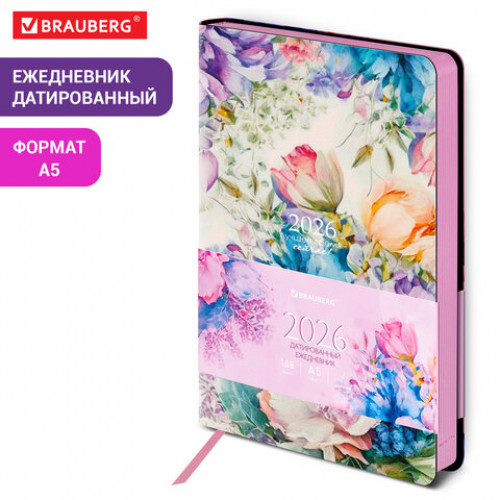 Ежедневник датированный 2026 А5 138x213 мм, BRAUBERG Vista, под кожу, гибкий, Цветы, 117447