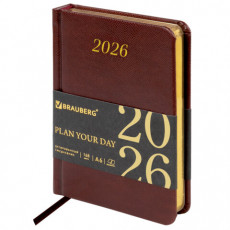 Ежедневник датированный 2026, МАЛЫЙ ФОРМАТ 100х150 мм, А6, BRAUBERG Iguana, под кожу, коричневый, 117253