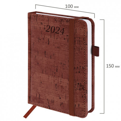 Ежедневник датированный 2024 МАЛЫЙ ФОРМАТ 100х150 мм А6, BRAUBERG Wood, под кожу, коричневый, 114795