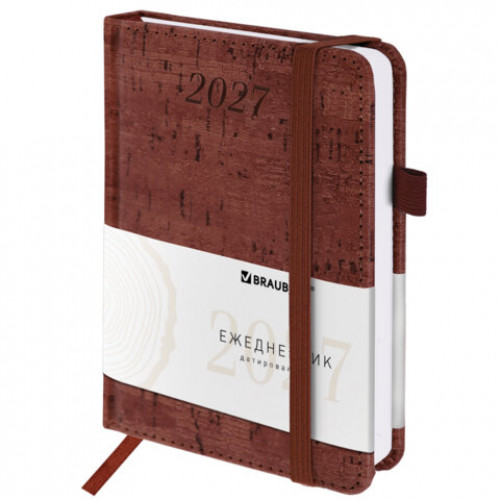 Ежедневник датированный 2027, МАЛЫЙ ФОРМАТ, 100х150 мм, А6, BRAUBERG Wood, под кожу, коричневый, 118117