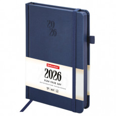 Ежедневник датированный 2026, А5, 138х213 мм, BRAUBERG Plain, под кожу, резинка, держатель для ручки, синий, 117506