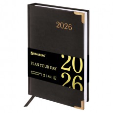 Ежедневник датированный 2026, А5, 138x213 мм, BRAUBERG Senator, под кожу, черный, 117094