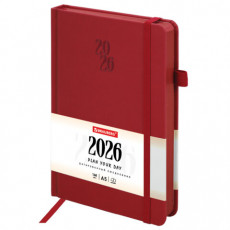 Ежедневник датированный 2026, А5, 138х213 мм, BRAUBERG Plain, под кожу, резинка, держатель для ручки, красный, 117508