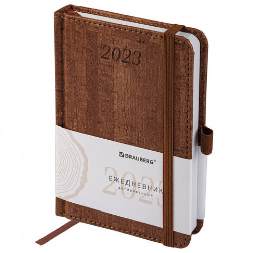 Ежедневник датированный 2023 МАЛЫЙ ФОРМАТ 100х150 мм А6, BRAUBERG Wood, под кожу, коричневый, 113931