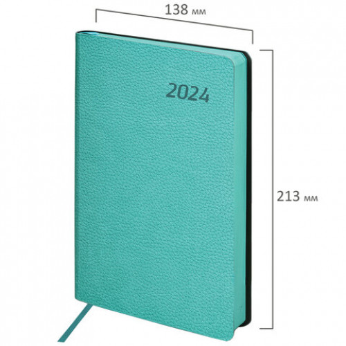 Ежедневник датированный 2024 А5 138x213 мм BRAUBERG Stylish, под кожу, гибкий, бирюзовый, 114893