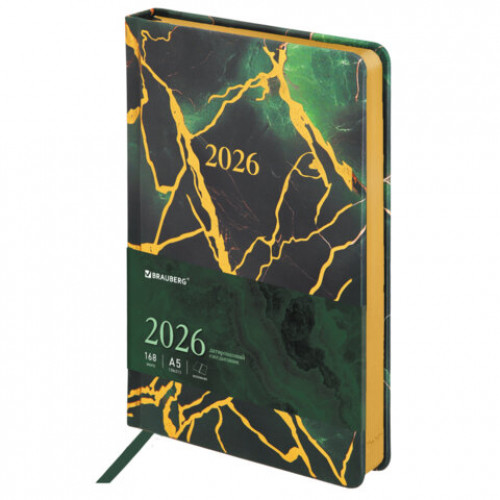 Ежедневник датированный 2026 А5 138x213 мм, BRAUBERG Vista, под кожу, твердый, Green marble, 117456