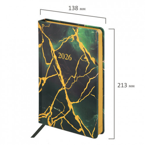 Ежедневник датированный 2026 А5 138x213 мм, BRAUBERG Vista, под кожу, твердый, Green marble, 117456