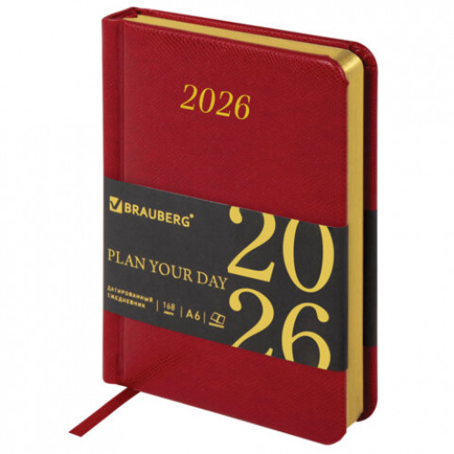 Ежедневник датированный 2026, МАЛЫЙ ФОРМАТ 100х150 мм, А6, BRAUBERG Iguana, под кожу, красный, 117251