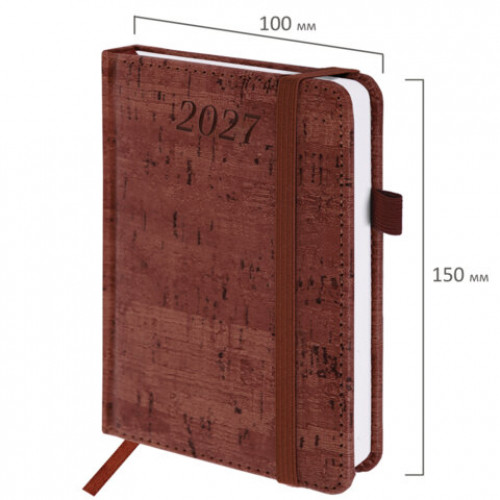 Ежедневник датированный 2027, МАЛЫЙ ФОРМАТ, 100х150 мм, А6, BRAUBERG Wood, под кожу, коричневый, 118117