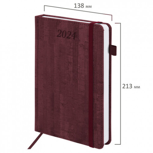 Ежедневник датированный 2024 А5 138x213мм BRAUBERG Wood, под кожу, держатель для ручки, бордовый, 114900