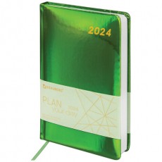 Ежедневник датированный 2024 А5 138x213мм BRAUBERG Holiday, под кожу, зеркальный, зеленый, 114845