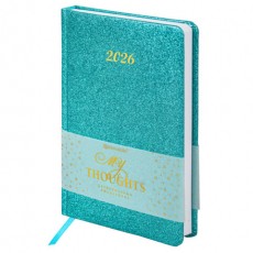 Ежедневник датированный 2026, А5, 138x213 мм, BRAUBERG Sparkle, под кожу, блестки, бирюзовый, 117439