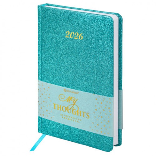 Ежедневник датированный 2026, А5, 138x213 мм, BRAUBERG Sparkle, под кожу, блестки, бирюзовый, 117439