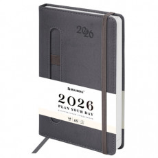 Ежедневник датированный 2026, А5, 138x213 мм, BRAUBERG Optimal, под кожу, резинка, держатель для ручки, серый, 117469