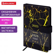 Ежедневник датированный 2025 А5 138x213 мм BRAUBERG Goldy, под кожу, цветной срез, черный, 115898