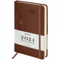 Ежедневник датированный 2024 А5 138x213 мм BRAUBERG Optimal, под кожу, резинка-фиксатор, держатель для ручки, коричневый, 114976