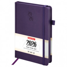 Ежедневник датированный 2026, А5, 138х213 мм, BRAUBERG Plain, под кожу, резинка, держатель для ручки, фиолетовый, 117509