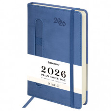 Ежедневник датированный 2026, А5, 138x213 мм, BRAUBERG Optimal, под кожу, резинка, держатель для ручки, синий, 117464