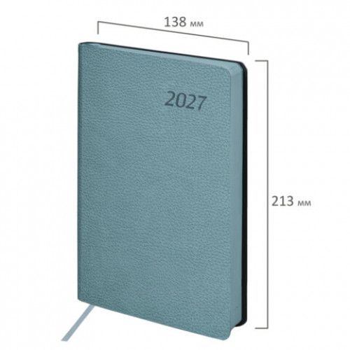 Ежедневник датированный 2027, А5, 138x213 мм, BRAUBERG Stylish, под кожу, гибкий, серо-голубой, 117975