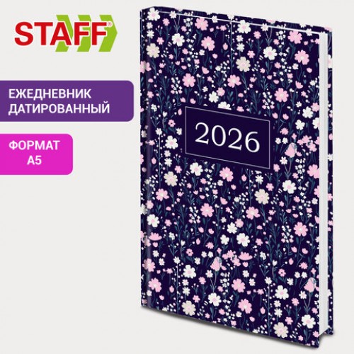 Ежедневник датированный 2026 145х215 мм, А5, STAFF, ламинированная обложка, Flowers, 117318