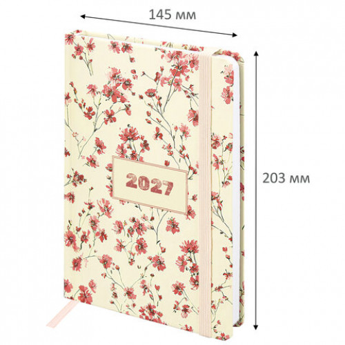 Ежедневник датированный 2027 с резинкой, 145х203 мм, А5, BRAUBERG, твердый, Flower pattern, 117831