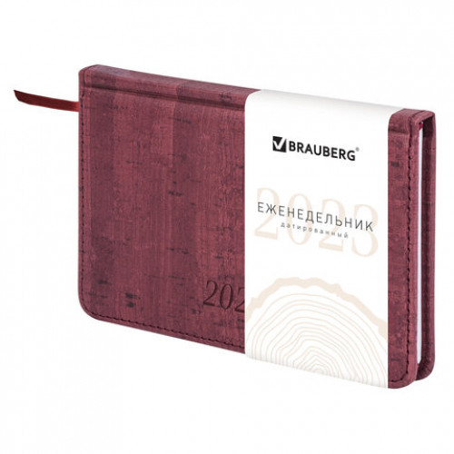 Еженедельник датированный 2023 МАЛЫЙ ФОРМАТ 95х155 мм А6, BRAUBERG Wood, под кожу, бордовый, 113974