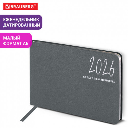 Еженедельник датированный 2026 МАЛЫЙ ФОРМАТ 105х160 мм, А6, BRAUBERG Blaze, фольга, серый, 117218